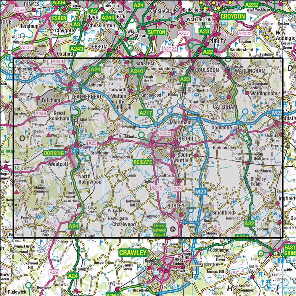 Outdoor Map Navigator image showing the area of the 1:25,000 scale Ordnance Survey Explorer map 146 Dorking, Box Hill & Reigate