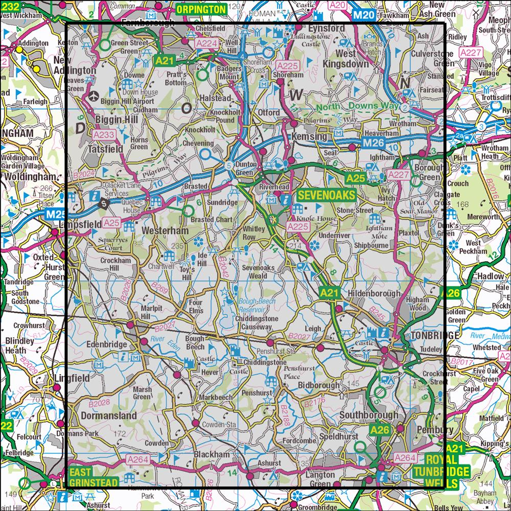 Outdoor Map Navigator image showing the area of the 1:25,000 scale Ordnance Survey Explorer map 147 Sevenoaks & Tonbridge