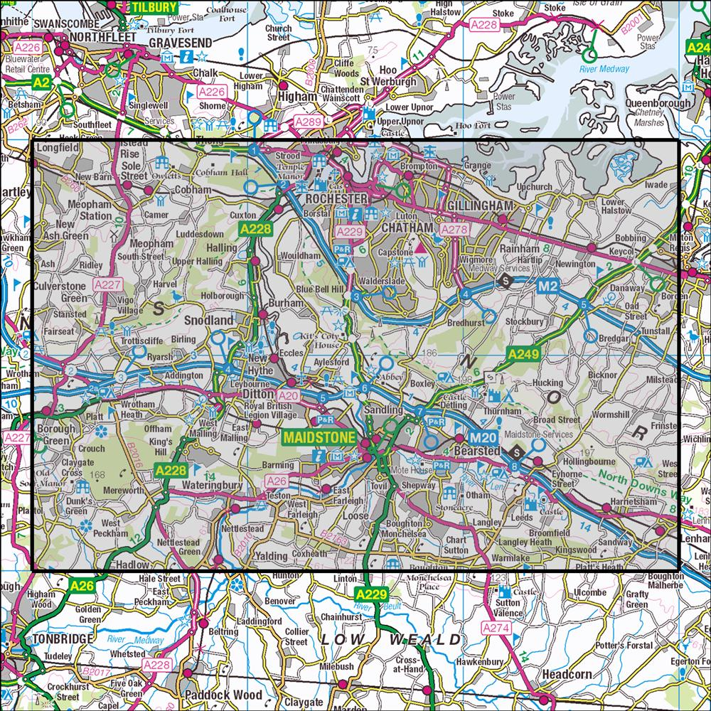 Outdoor Map Navigator image showing the area of the 1:25,000 scale Ordnance Survey Explorer map 148 Maidstone & the Medway Towns