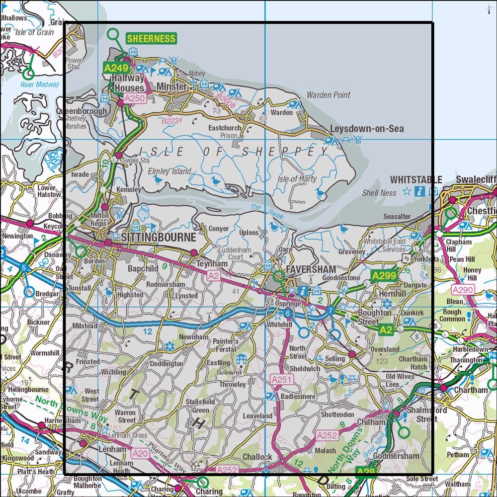 Outdoor Map Navigator image showing the area of the 1:25,000 scale Ordnance Survey Explorer map 149 Sittingbourne & Faversham