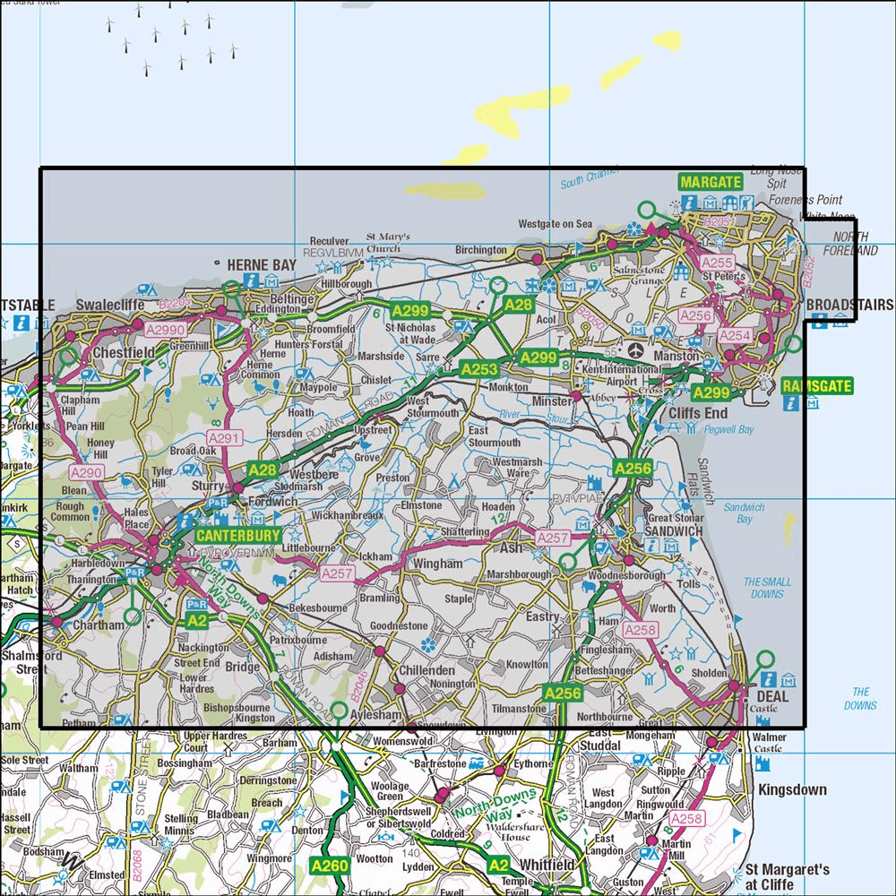 Outdoor Map Navigator image showing the area of the 1:25,000 scale Ordnance Survey Explorer map 150 Canterbury & the Isle of Thanet