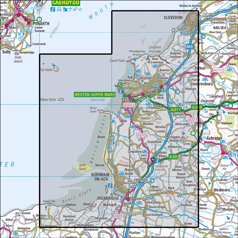 Outdoor Map Navigator image showing the area of the 1:25,000 scale Ordnance Survey Explorer map 153 Weston-Super-Mare & Bleadon Hill