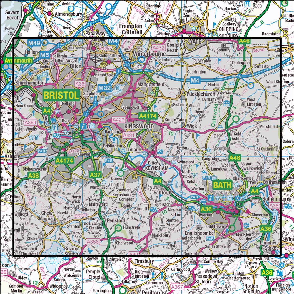 Outdoor Map Navigator image showing the area of the 1:25,000 scale Ordnance Survey Explorer map 155 Bristol & Bath
