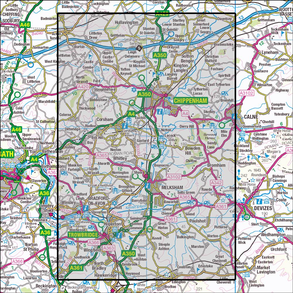 Outdoor Map Navigator image showing the area of the 1:25,000 scale Ordnance Survey Explorer map 156 Chippenham & Bradford-on-Avon