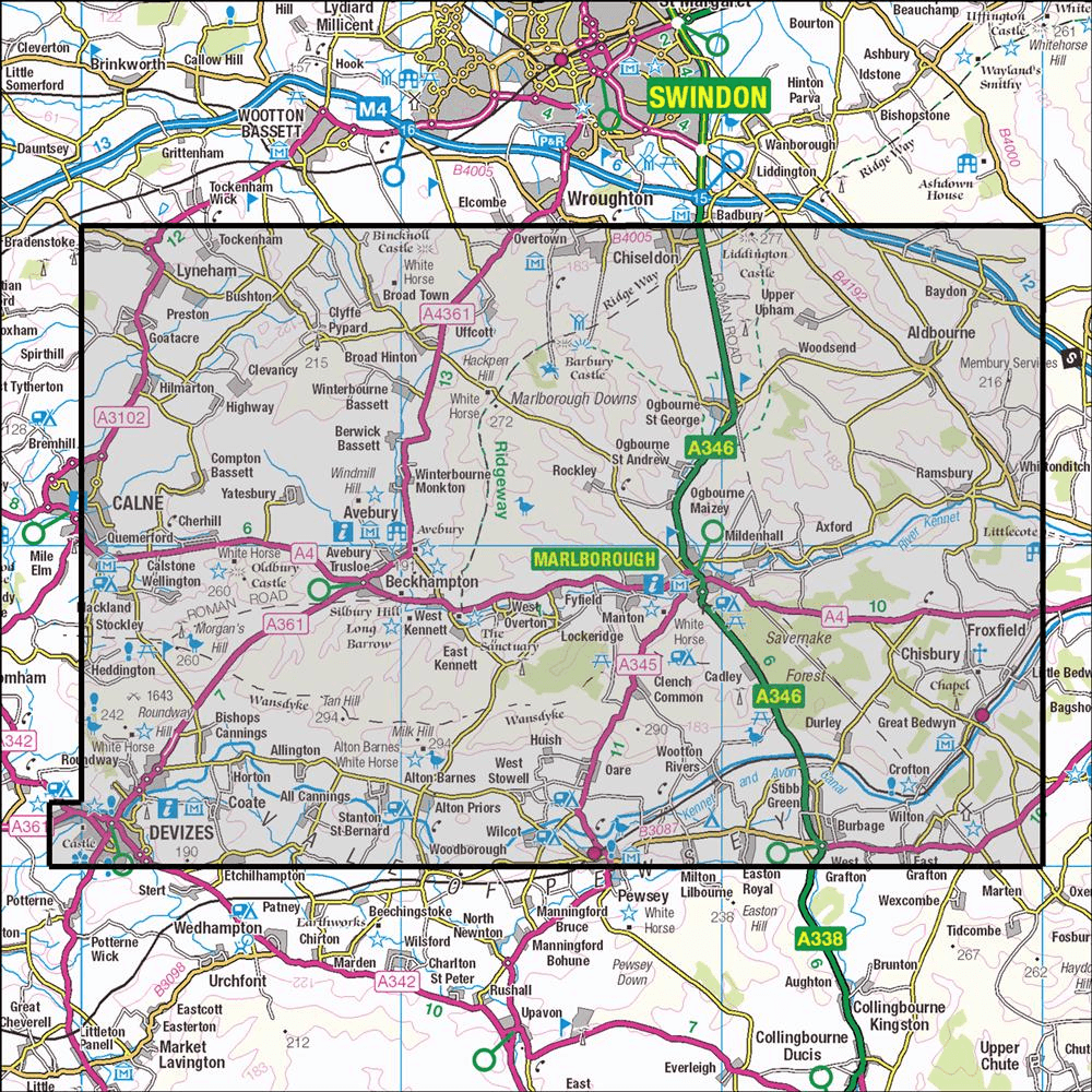 Outdoor Map Navigator image showing the area of the 1:25,000 scale Ordnance Survey Explorer map 157 Marlborough & Savernake Forest