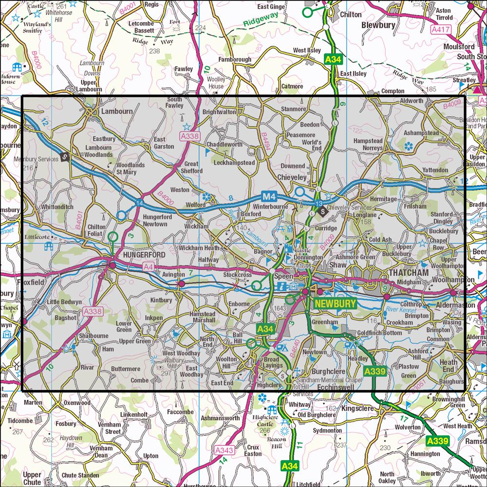 Outdoor Map Navigator image showing the area of the 1:25,000 scale Ordnance Survey Explorer map 158 Newbury & Hungerford