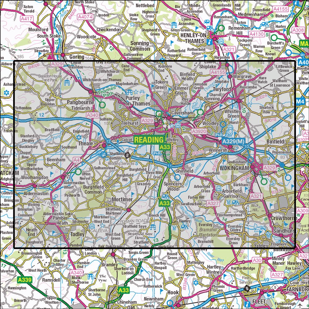 Outdoor Map Navigator image showing the area of the 1:25,000 scale Ordnance Survey Explorer map 159 Reading, Wokingham & Pangbourne