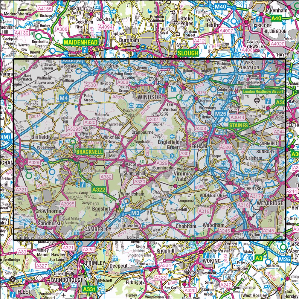 Outdoor Map Navigator image showing the area of the 1:25,000 scale Ordnance Survey Explorer map 160 Windsor, Weybridge & Bracknell
