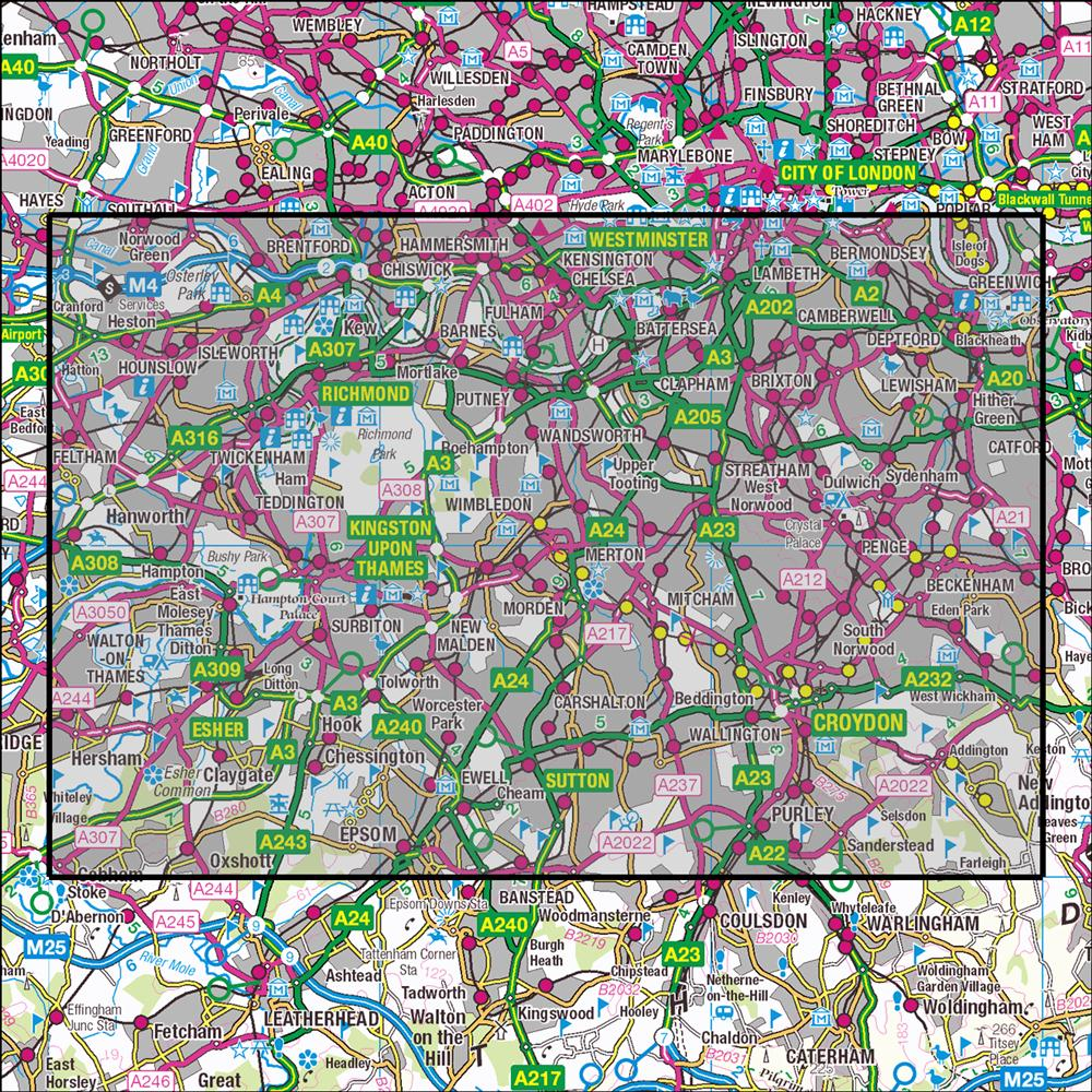 Outdoor Map Navigator image showing the area of the 1:25,000 scale Ordnance Survey Explorer map 161 London South