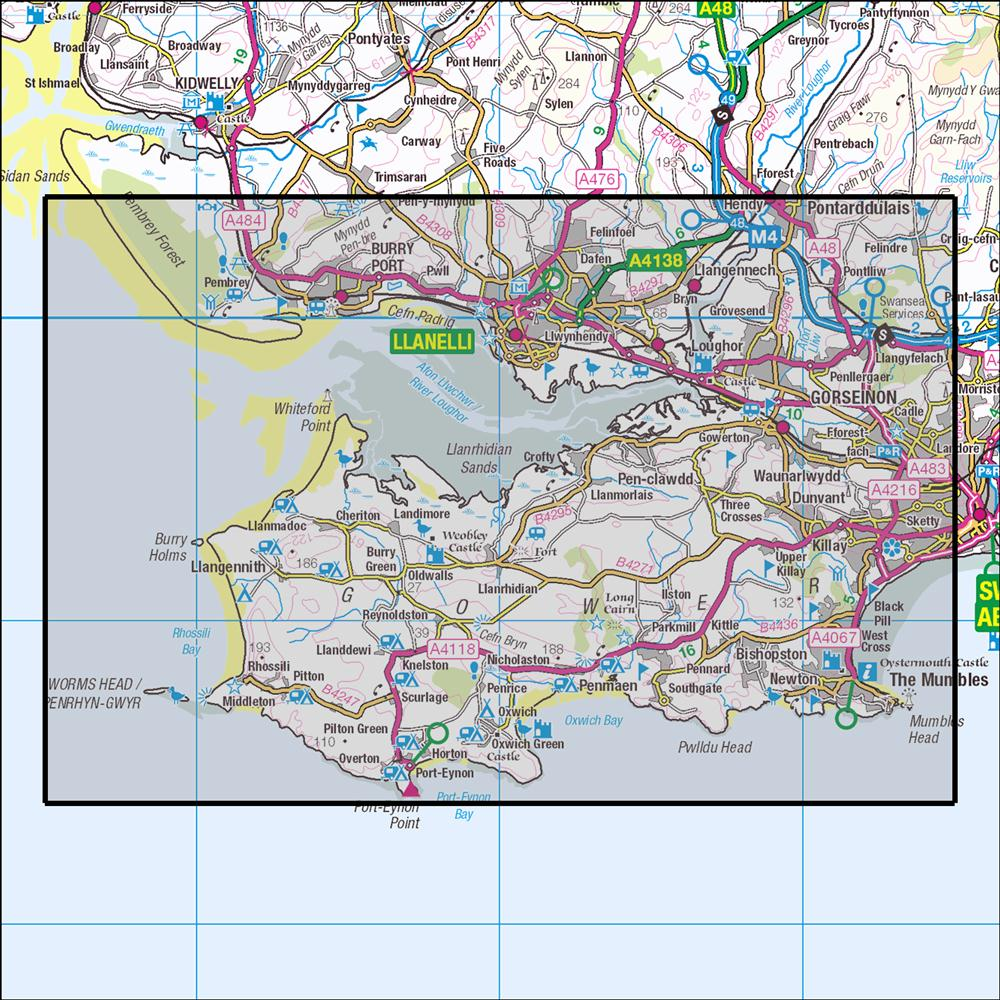 Outdoor Map Navigator image showing the area of the 1:25,000 scale Ordnance Survey Explorer map 164 Gower