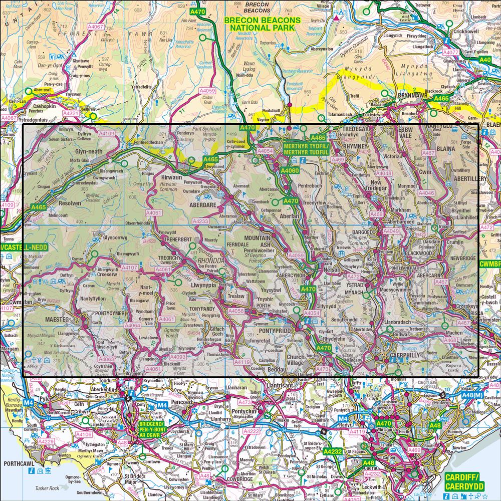 Outdoor Map Navigator image showing the area of the 1:25,000 scale Ordnance Survey Explorer map 166 Rhondda & Merthyr Tydfil
