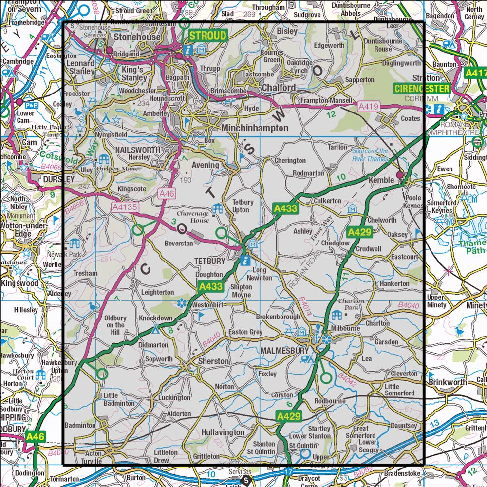 Outdoor Map Navigator image showing the area of the 1:25,000 scale Ordnance Survey Explorer map 168 Stroud, Tetbury & Malmesbury