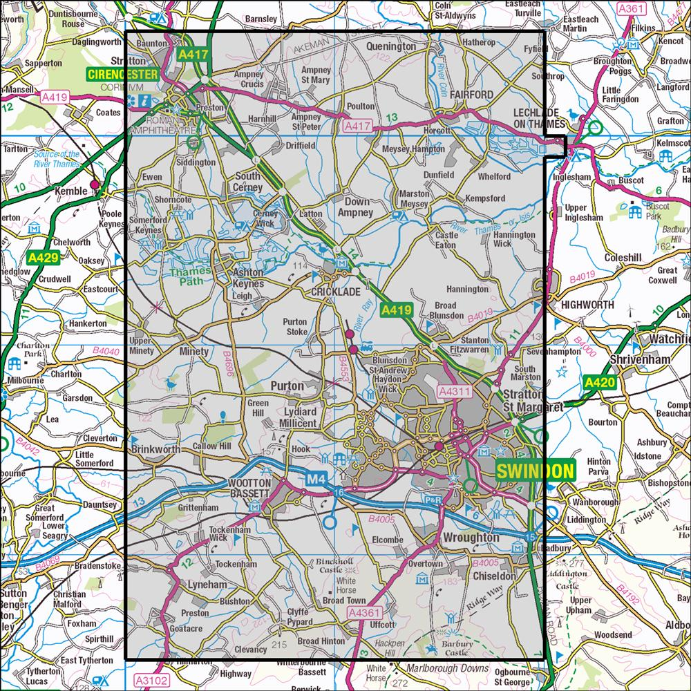 Outdoor Map Navigator image showing the area of the 1:25,000 scale Ordnance Survey Explorer map 169 Cirencester & Swindon