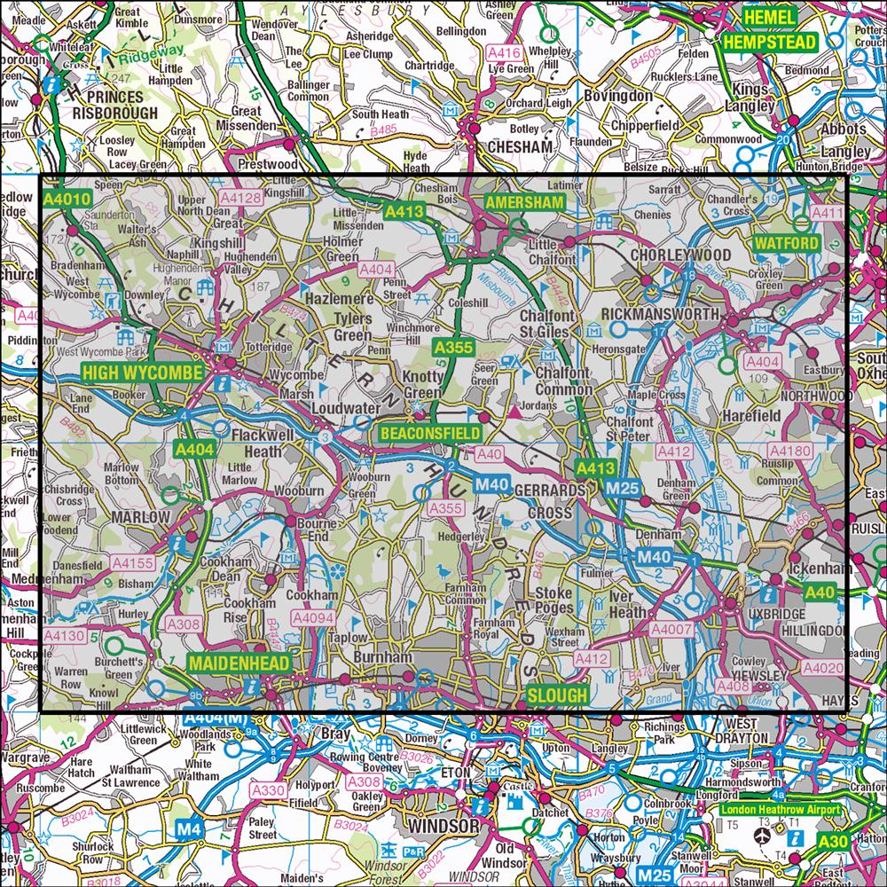 Outdoor Map Navigator image showing the area of the 1:25,000 scale Ordnance Survey Explorer map 172 Chiltern Hills East