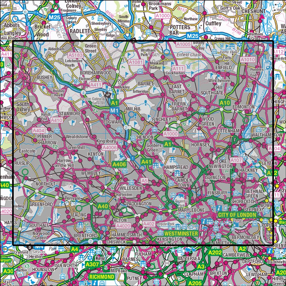 Outdoor Map Navigator image showing the area of the 1:25,000 scale Ordnance Survey Explorer map 173 London North
