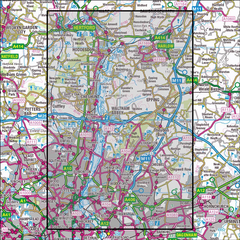 Outdoor Map Navigator image showing the area of the 1:25,000 scale Ordnance Survey Explorer map 174 Epping Forest & Lee Valley