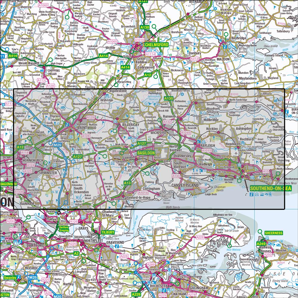 Outdoor Map Navigator image showing the area of the 1:25,000 scale Ordnance Survey Explorer map 175 Southend-on-Sea & Basildon