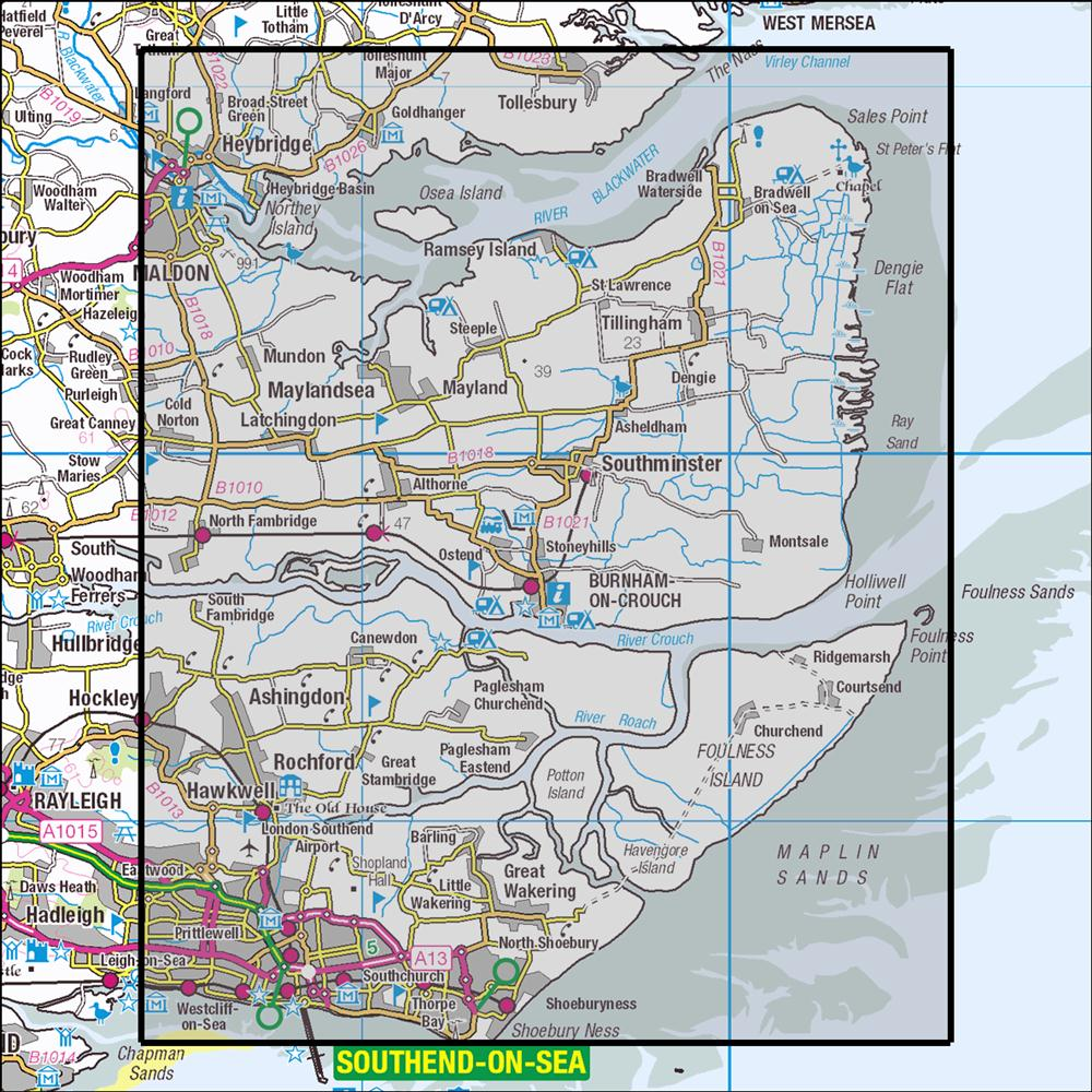 Outdoor Map Navigator image showing the area of the 1:25,000 scale Ordnance Survey Explorer map 176 Blackwater Estuary