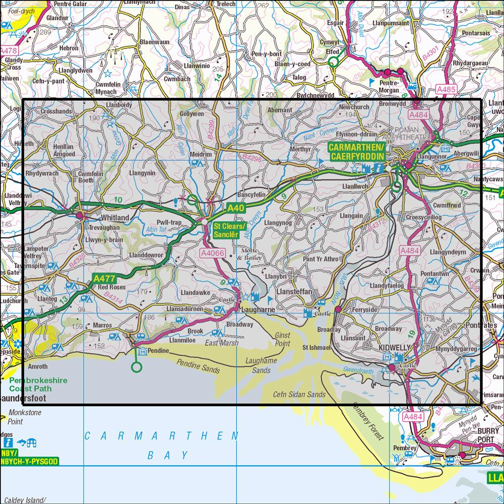 Outdoor Map Navigator image showing the area of the 1:25,000 scale Ordnance Survey Explorer map 177 Carmarthen & Kidwelly