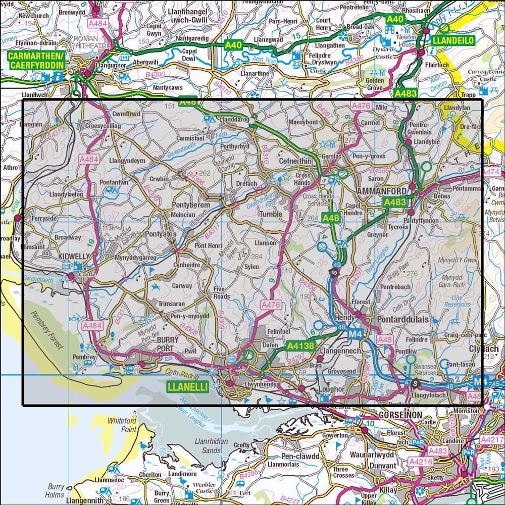 Outdoor Map Navigator image showing the area of the 1:25,000 scale Ordnance Survey Explorer map 178 Llanelli & Ammanford