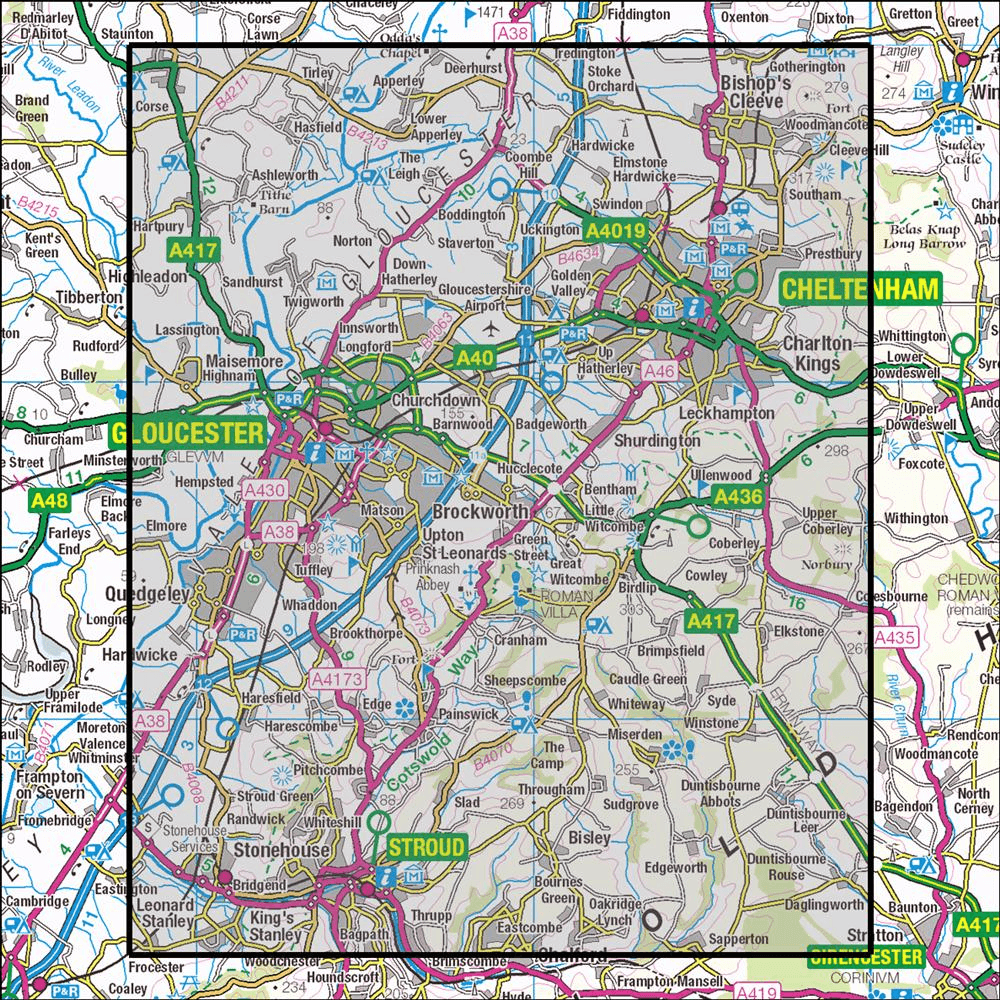 Outdoor Map Navigator image showing the area of the 1:25,000 scale Ordnance Survey Explorer map 179 Gloucester, Cheltenham & Stroud