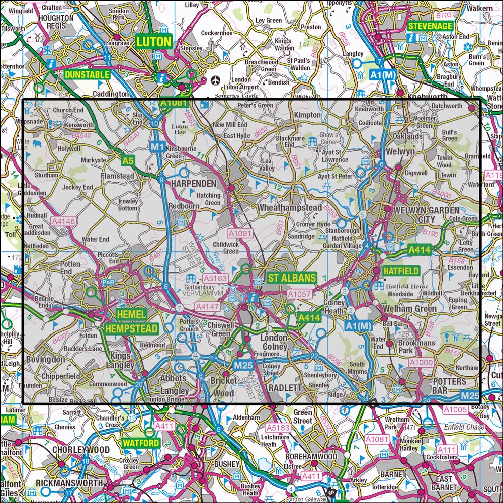 Outdoor Map Navigator image showing the area of the 1:25,000 scale Ordnance Survey Explorer map 182 St Albans & Hatfield