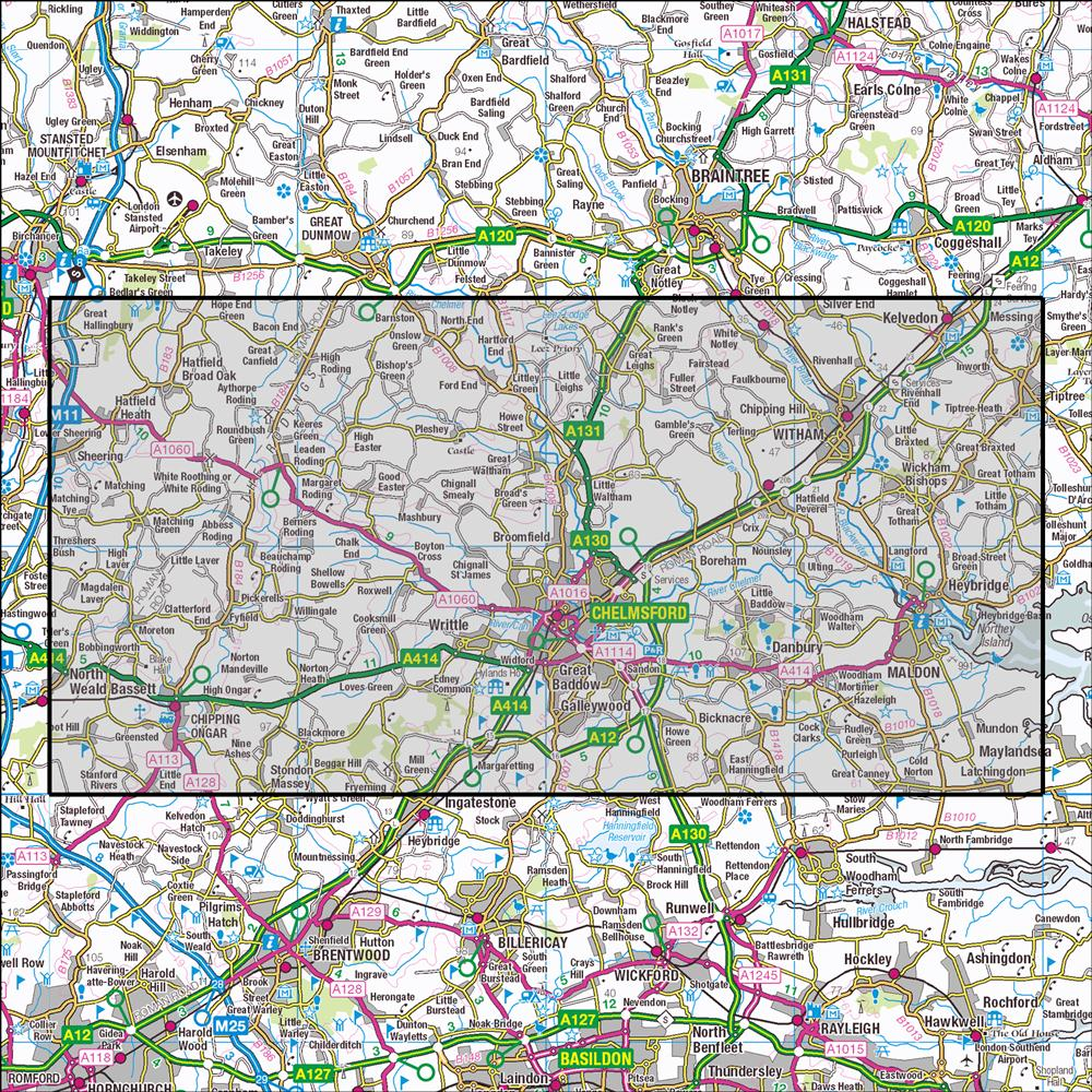 Outdoor Map Navigator image showing the area of the 1:25,000 scale Ordnance Survey Explorer map 183 Chelmsford & The Rodings