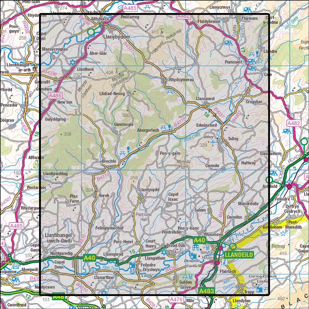Outdoor Map Navigator image showing the area of the 1:25,000 scale Ordnance Survey Explorer map 186 Llandeilo & Brechfa Forest