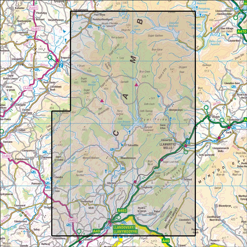 Outdoor Map Navigator image showing the area of the 1:25,000 scale Ordnance Survey Explorer map 187 Llandovery