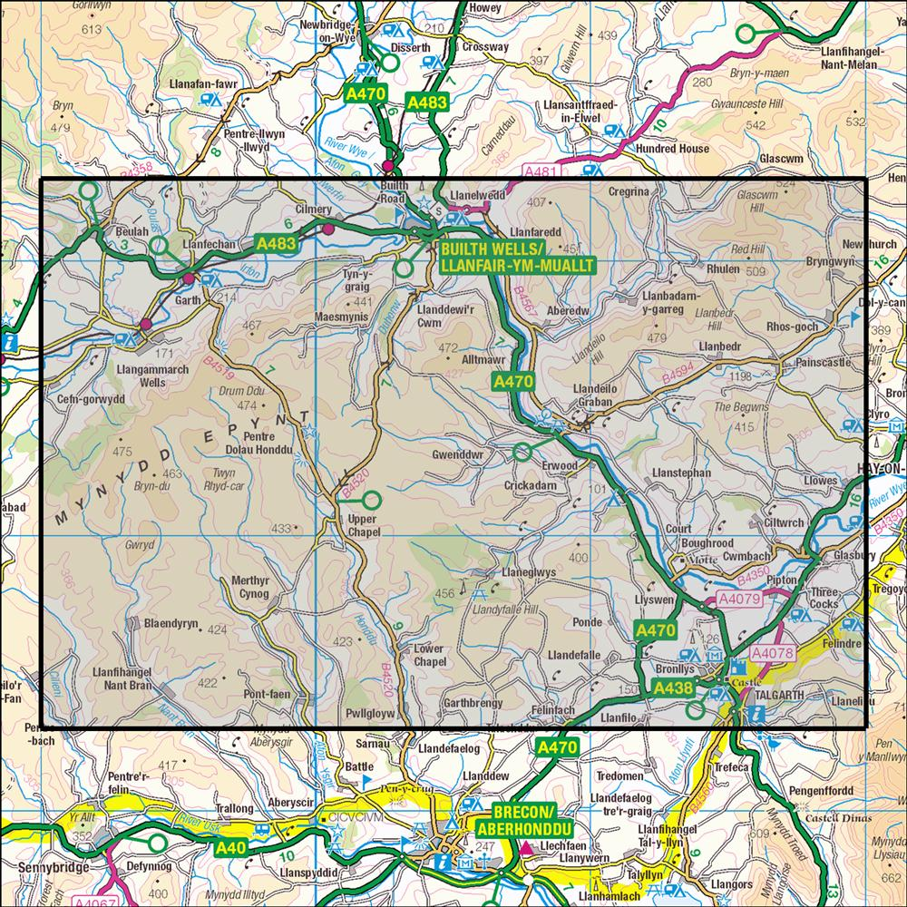 Outdoor Map Navigator image showing the area of the 1:25,000 scale Ordnance Survey Explorer map 188 Builth Wells