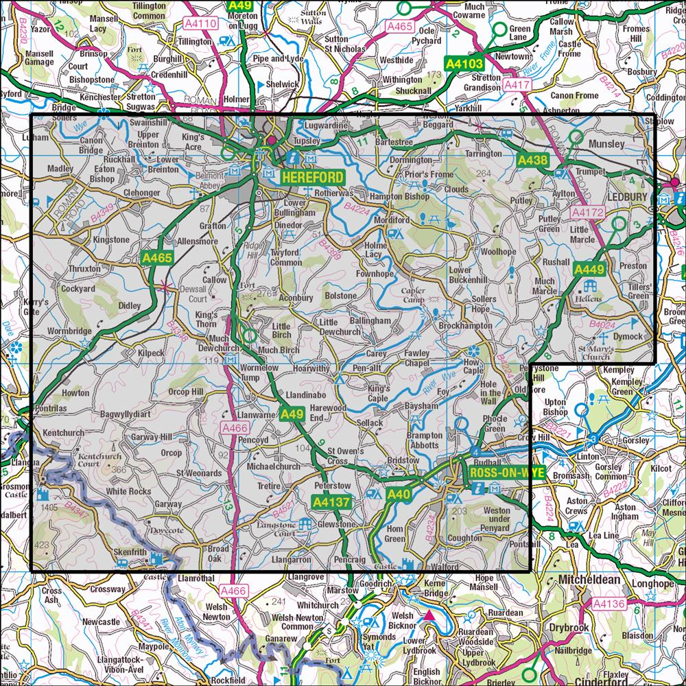 Outdoor Map Navigator image showing the area of the 1:25,000 scale Ordnance Survey Explorer map 189 Hereford & Ross-on-Wye