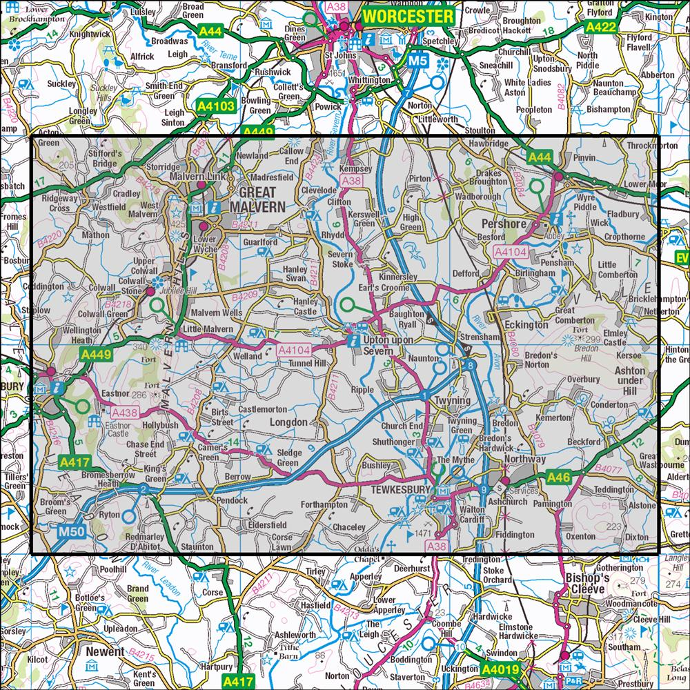 Outdoor Map Navigator image showing the area of the 1:25,000 scale Ordnance Survey Explorer map 190 Malvern Hills & Bredon Hill