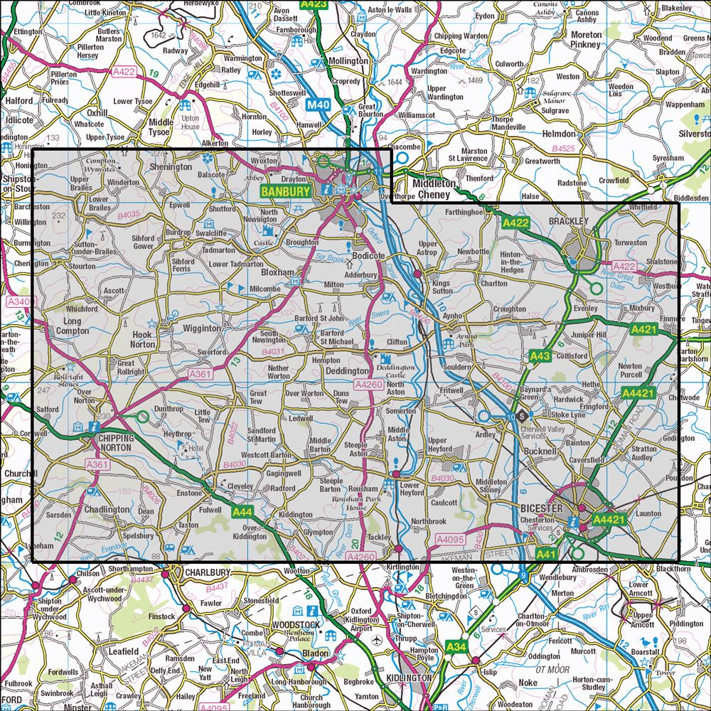 Outdoor Map Navigator image showing the area of the 1:25,000 scale Ordnance Survey Explorer map 191 Banbury, Bicester & Chipping Norton