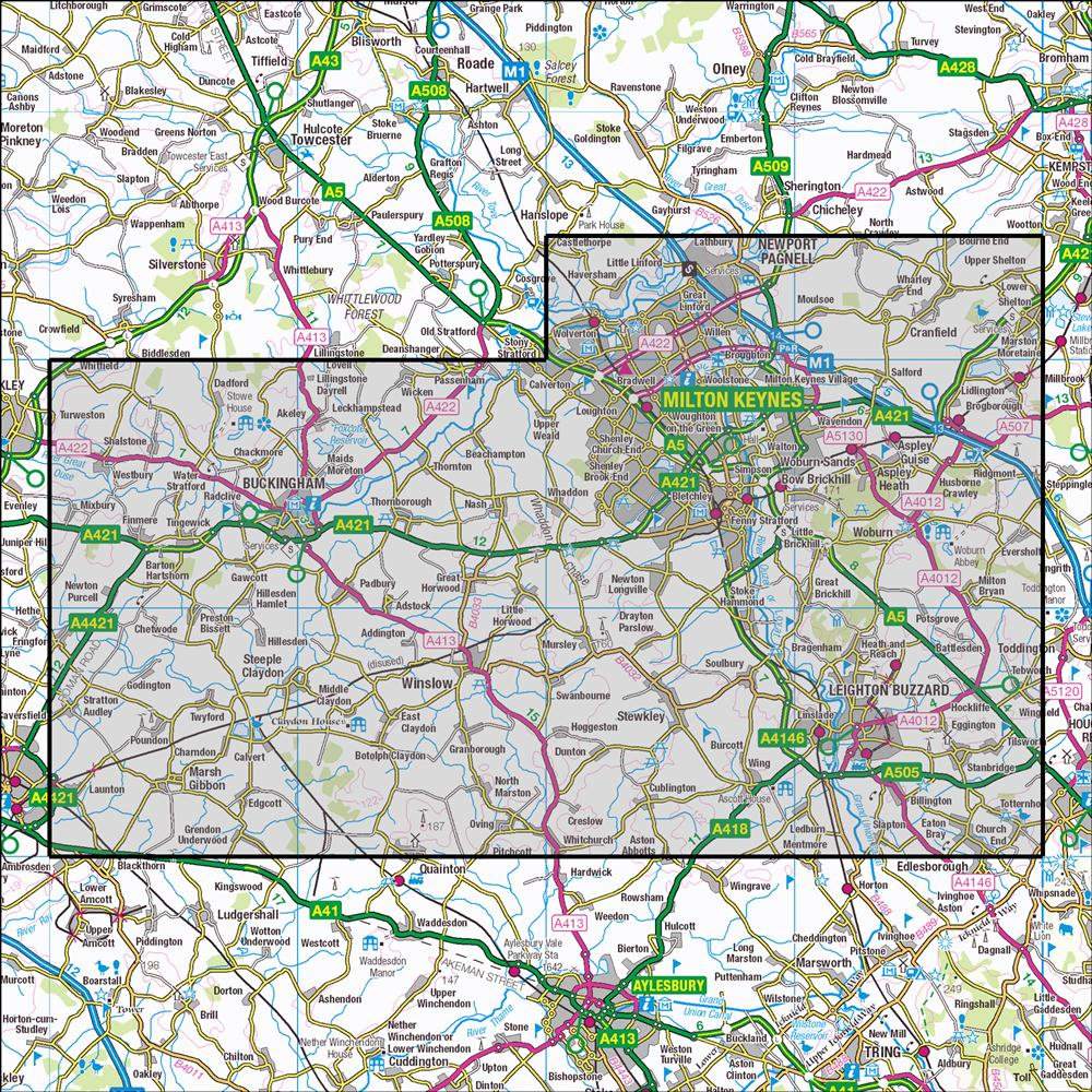 Outdoor Map Navigator image showing the area of the 1:25,000 scale Ordnance Survey Explorer map 192 Buckingham & Milton Keynes