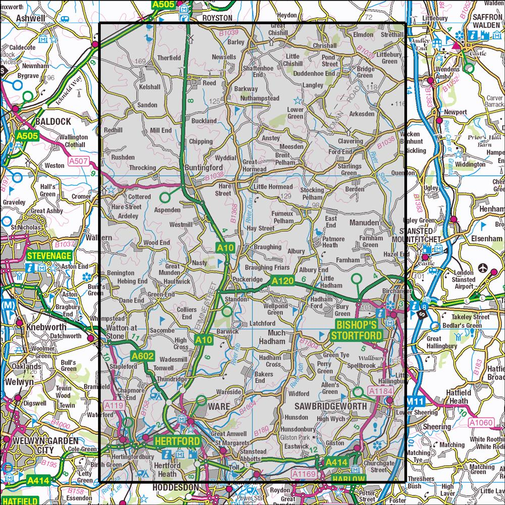 Outdoor Map Navigator image showing the area of the 1:25,000 scale Ordnance Survey Explorer map 194 Hertford & Bishops Stortford