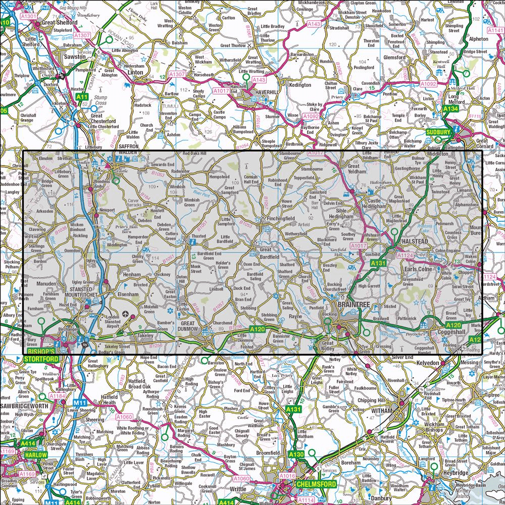 Outdoor Map Navigator image showing the area of the 1:25,000 scale Ordnance Survey Explorer map 195 Braintree & Saffron Walden