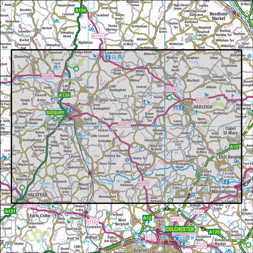 Outdoor Map Navigator image showing the area of the 1:25,000 scale Ordnance Survey Explorer map 196 Sudbury, Hadleigh & Dedham Vale