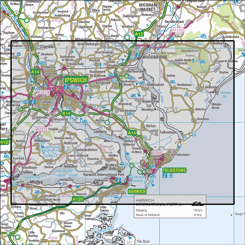 Outdoor Map Navigator image showing the area of the 1:25,000 scale Ordnance Survey Explorer map 197 Ipswich, Felixstowe & Harwich
