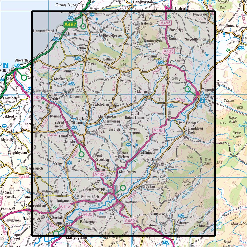 Outdoor Map Navigator image showing the area of the 1:25,000 scale Ordnance Survey Explorer map 199 Lampeter