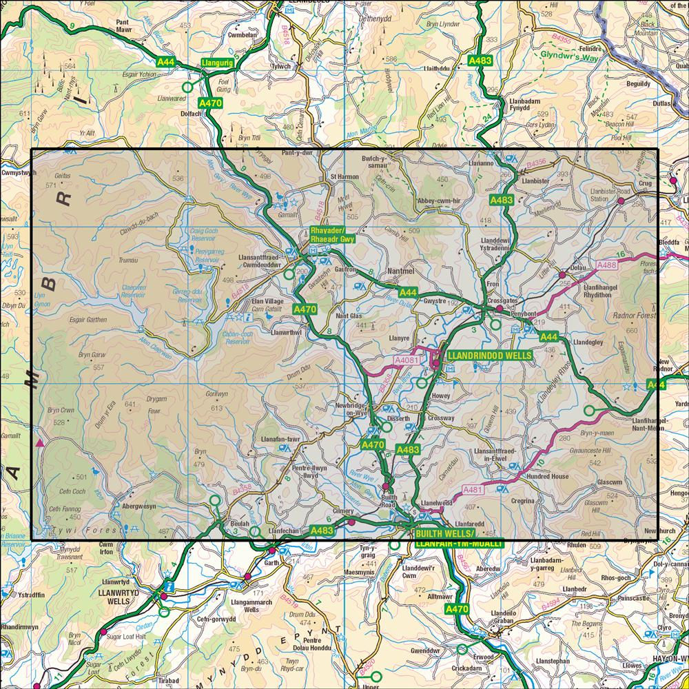 Outdoor Map Navigator image showing the area of the 1:25,000 scale Ordnance Survey Explorer map 200 Llandrindod Wells & Elan Valley