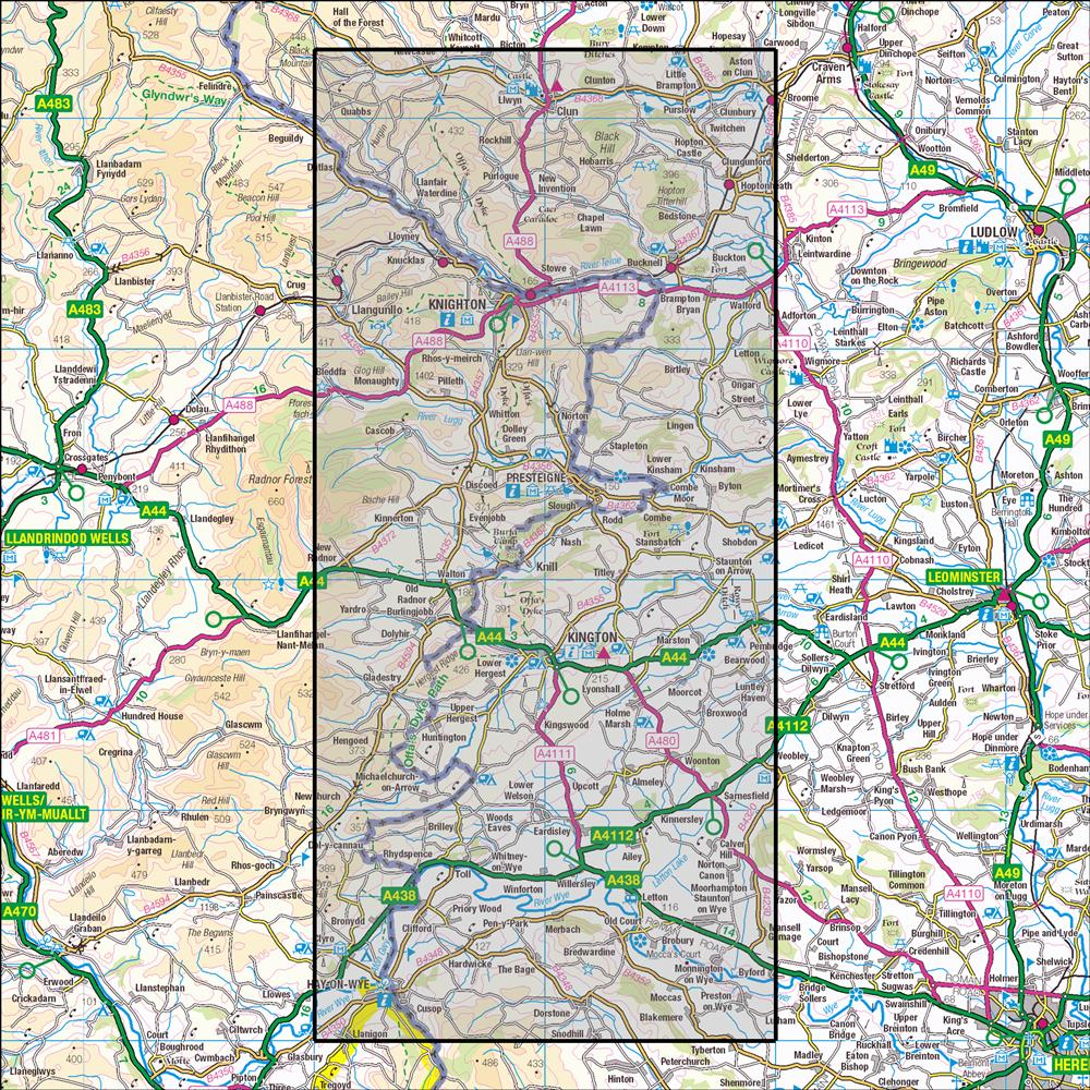 Outdoor Map Navigator image showing the area of the 1:25,000 scale Ordnance Survey Explorer map 201 Knighton & Presteigne