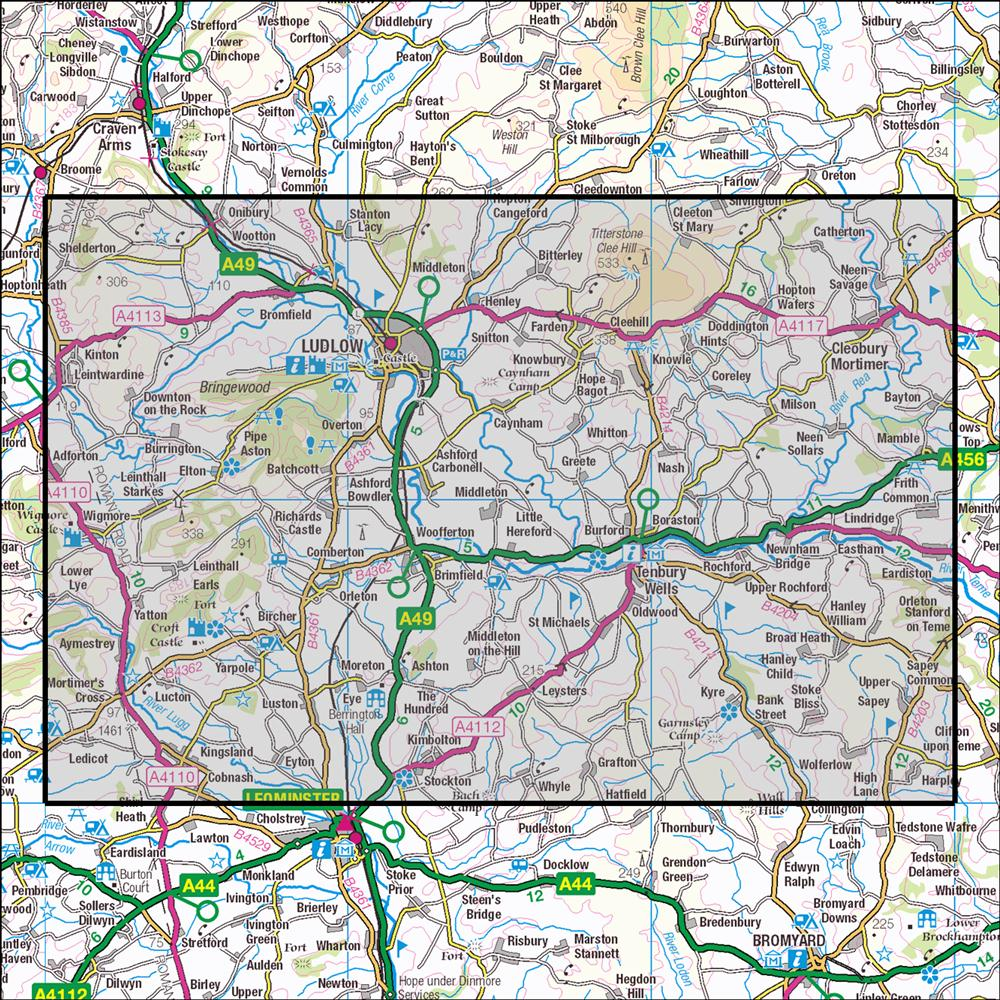 Outdoor Map Navigator image showing the area of the 1:25,000 scale Ordnance Survey Explorer map 203 Ludlow