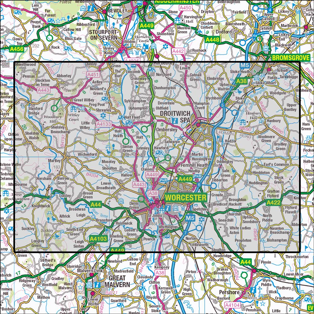 Outdoor Map Navigator image showing the area of the 1:25,000 scale Ordnance Survey Explorer map 204 Worcester & Droitwich Spa