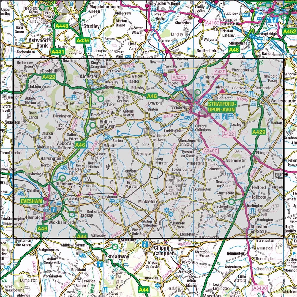 Outdoor Map Navigator image showing the area of the 1:25,000 scale Ordnance Survey Explorer map 205 Stratford-upon-Avon & Evesham