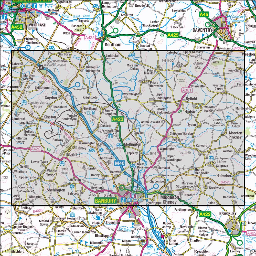 Outdoor Map Navigator image showing the area of the 1:25,000 scale Ordnance Survey Explorer map 206 Edge Hill & Fenny Compton