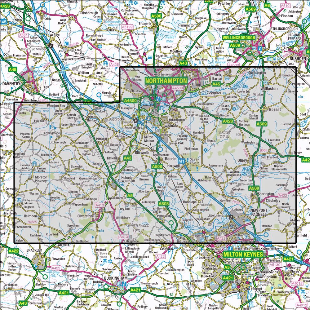 Outdoor Map Navigator image showing the area of the 1:25,000 scale Ordnance Survey Explorer map 207 Newport Pagnell & Northampton South