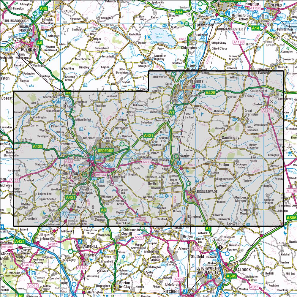 Outdoor Map Navigator image showing the area of the 1:25,000 scale Ordnance Survey Explorer map 208 Bedford & St Neots