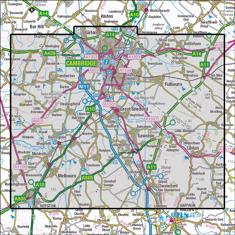 Outdoor Map Navigator image showing the area of the 1:25,000 scale Ordnance Survey Explorer map 209 Cambridge
