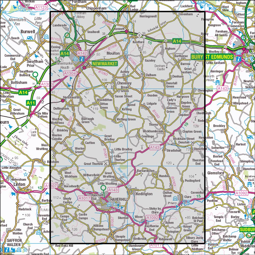 Outdoor Map Navigator image showing the area of the 1:25,000 scale Ordnance Survey Explorer map 210 Newmarket & Haverhill
