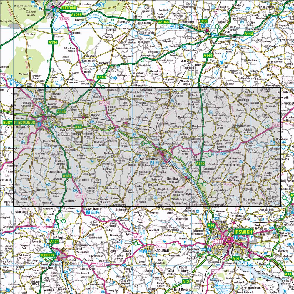 Outdoor Map Navigator image showing the area of the 1:25,000 scale Ordnance Survey Explorer map 211 Bury St Edmunds & Stowmarket